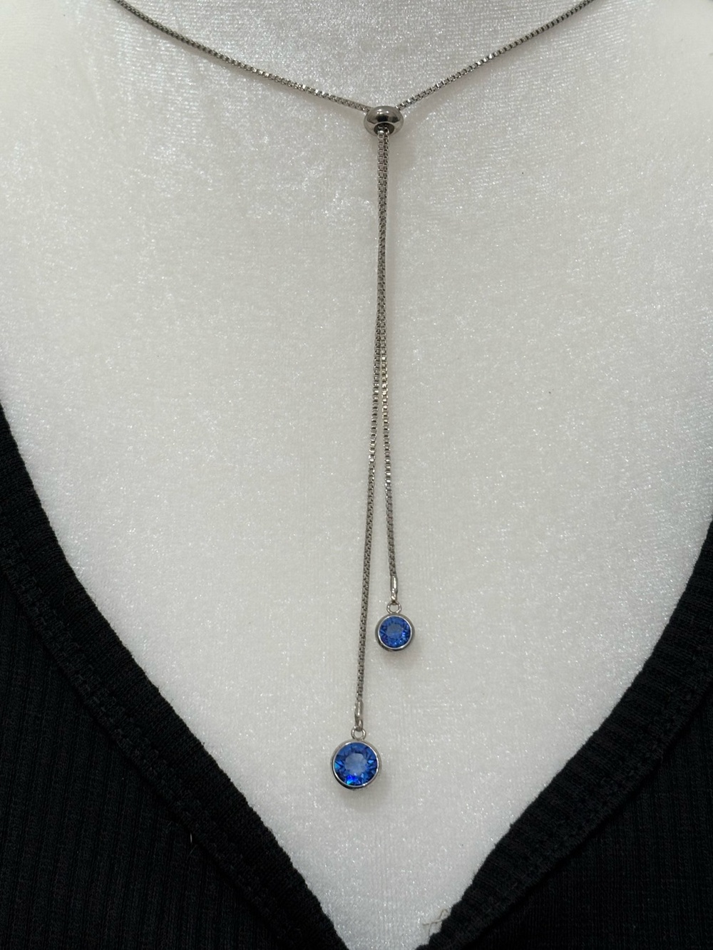 Elegant Silver Lariat Necklace with Blue Crystal Drops